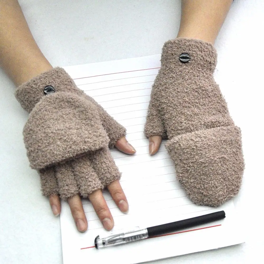

New Adult Winter Warm Coral Velvet Half Velvet Flip Gloves Men And Women Half Finger Fleece Lined Gloves