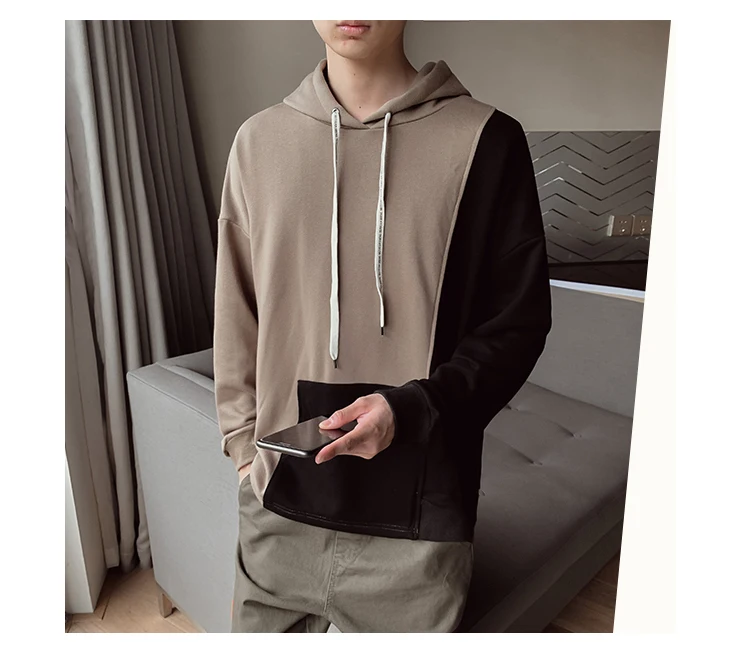 Autumn Man Hoodies Hit Color Patchwork Men's Sweatshirts Black Brown Khaki M-5XL Men Hooded Sweatshirts
