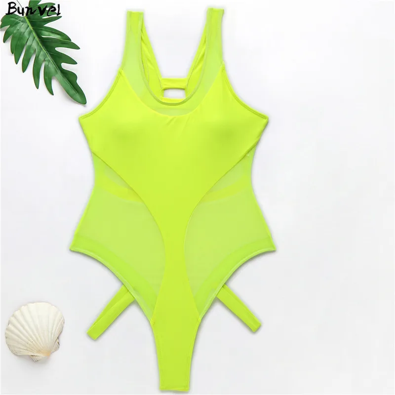 

bunvel One Piece Swimsuit Women Bathing Suit Ladies Beach Wear Swimming Suit 2020 Summer Neon Solid Color Swimwear Bikinis