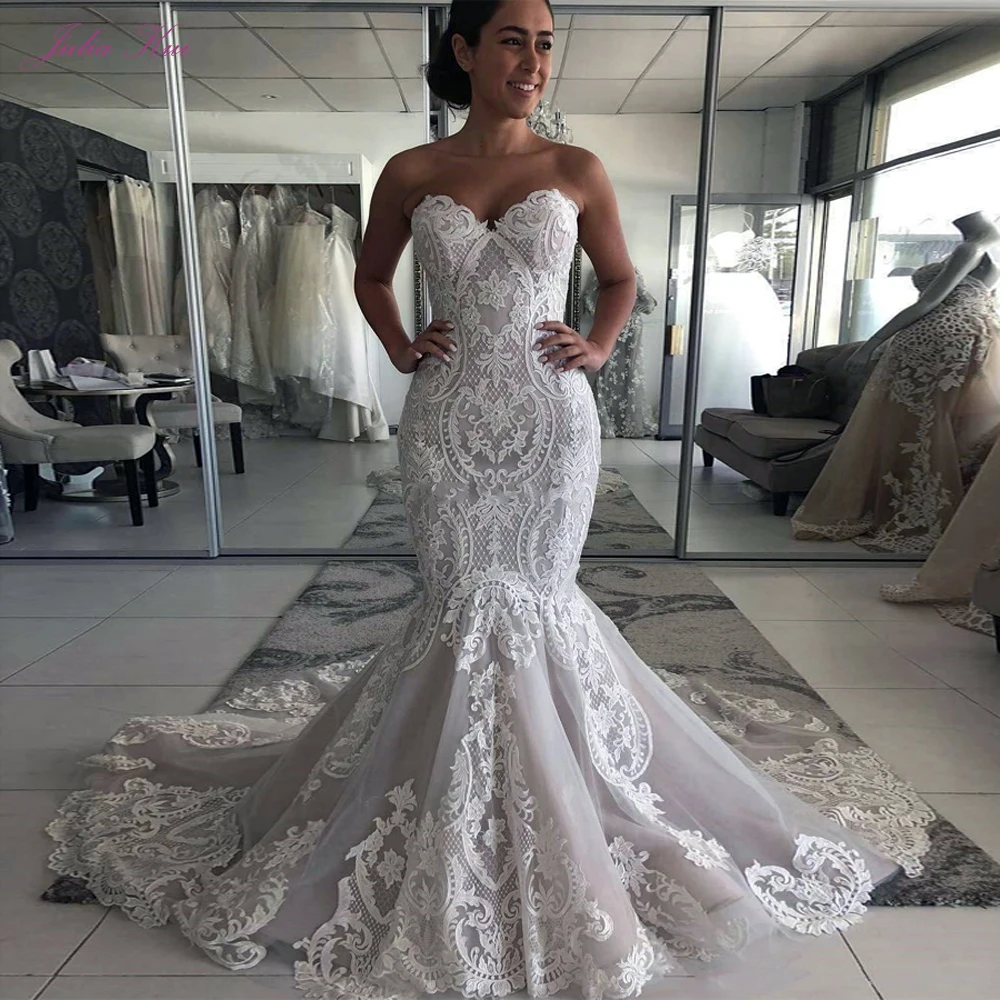 

Julia Kui Luxury Skin Nude Mermaid Wedding Dresses With Lots of Pearls and Rhinestones Full Sleeve Bridal Dress