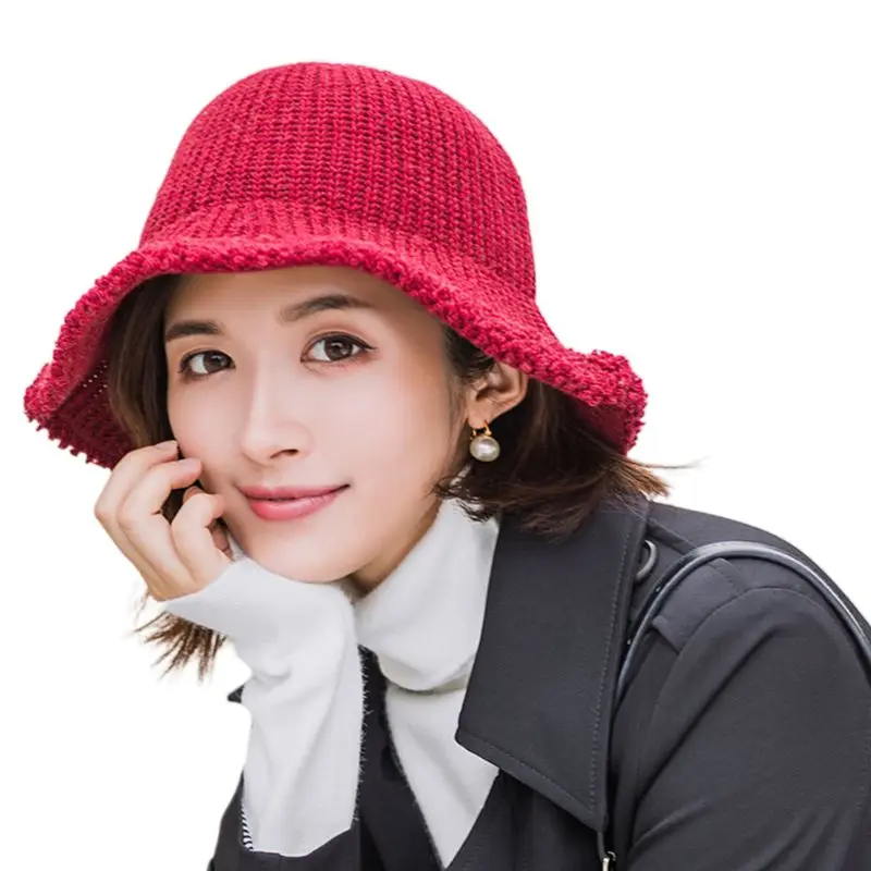 Women Ladies Autumn Winter Soft Knitting Wool Bucket Hat Fashion Solid Color Folding Round Top Fishermen Cap 40JF - Цвет: Wine Red