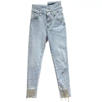 

2020 spring new fashion diamond jeans women high waist single breasted skinny pencil jeans
