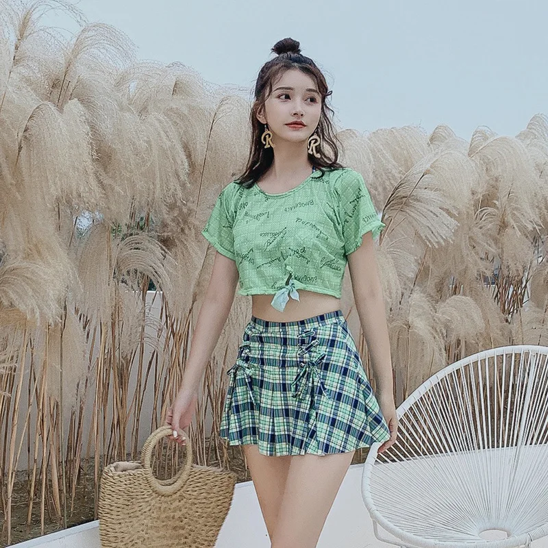 

Japanese-style Split Type Bikini Four-piece Set Bathing Suit Female Sports Casual Short Sleeve Conservative Skirt Boxer Students