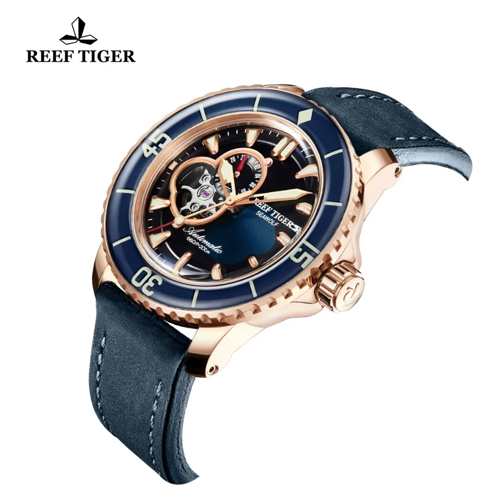 Мужские спортивные часы Reef Tiger/RT водонепроницаемые цвета розового золота с