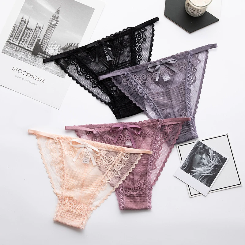 For Women Panties Comfortable Bow Cotton Polyester Lace Sexy G-string Girl Underwear Soild Color Transparent Underwear