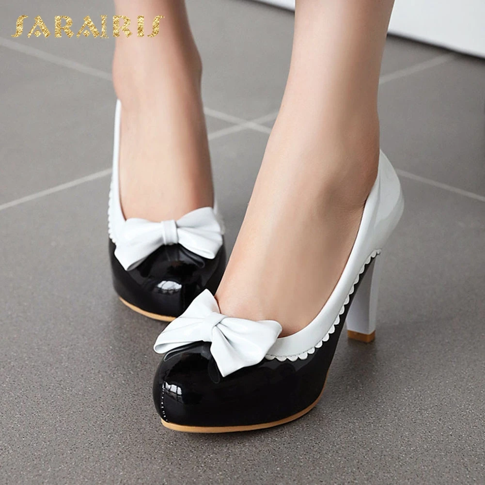 

Sarairis Fashion New Hot Plus Size 48 Spike High Heels Party Pumps Woman Shoes Slip On Sweet Bowtie Platform Shoes Women