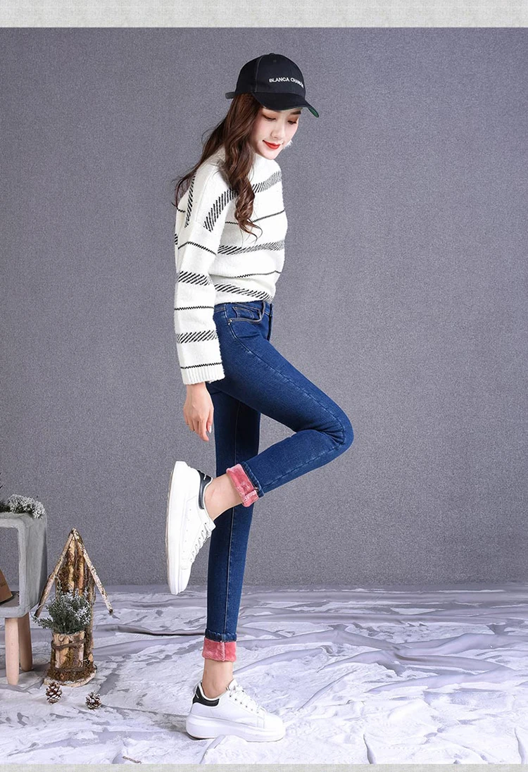 Длинные джинсовые штаны с высокой талией и флисовой подкладкой, облегающие зимние Стрейчевые узкие джинсы-карандаш для женщин