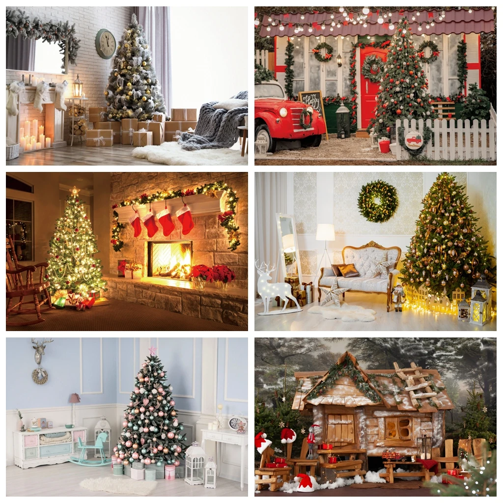 

Laeacco Christmas Tree Gift Trojan Balls Nightstand Modern Living Room Decro Wooden Floor Photo Backdrop Background Photo Studio