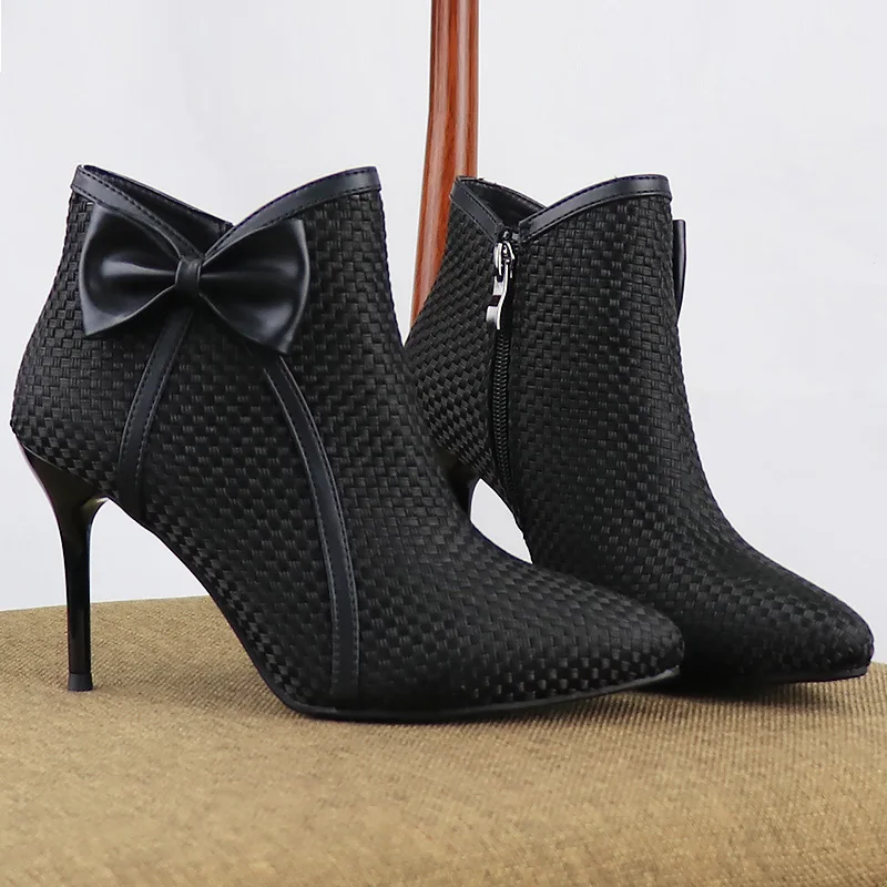 Women Ankle Boots 2021 New Fashion Woven Bow Ladies Shoes Thin High Heels Female Spring Autumn Zipper Blue Black Gray