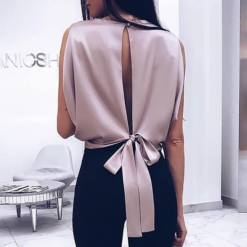 

2019 Spring Women Fashion Alluring Elegant Party Shirt Female Sleeveless Solid Slit Knotted Back Casual Blouse