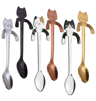 

6pcs Stainless Steel Mini Cat Kitten Spoons for Coffee Tea Dessert Drink Mixing Milkshake Spoon Tableware Set Kitchen Supplies