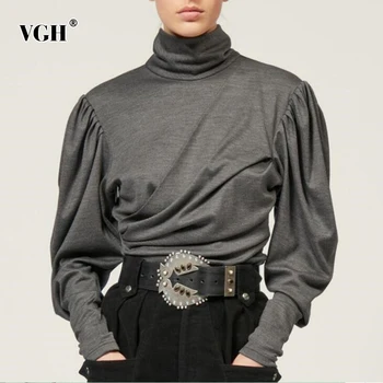 

VGH Hollow Out Casual Shirts For Women Turtleneck Lantern Long Sleeve Ruched Loose Large Size Blouses Female 2020 Fashion Autumn