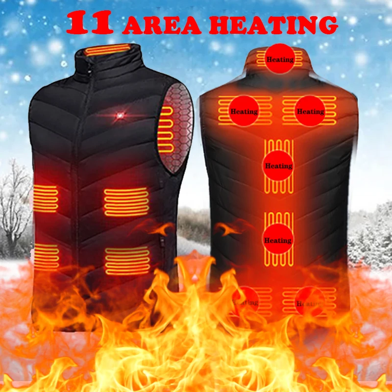 

New 11Places Heated Vest Men Women Usb Heated Jacket Heating Vest Thermal Clothing Hunting Vest Winter Heating Jacket BlackS-4XL