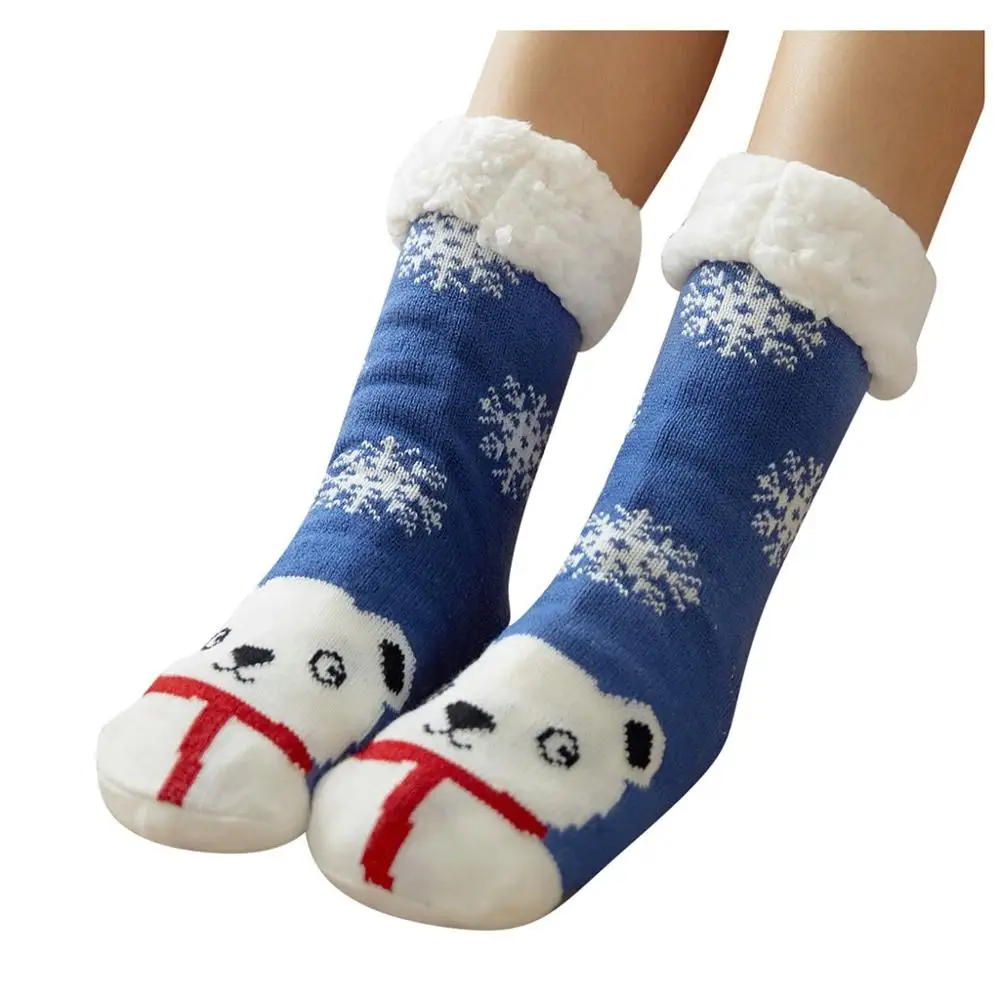 Женские рождественские носки, повседневные хлопковые носки с изображением лисы, медведя, с изображением снежного лося, толстые нескользящие носки-тапочки, ковровые носки, mujer meias - Цвет: Синий