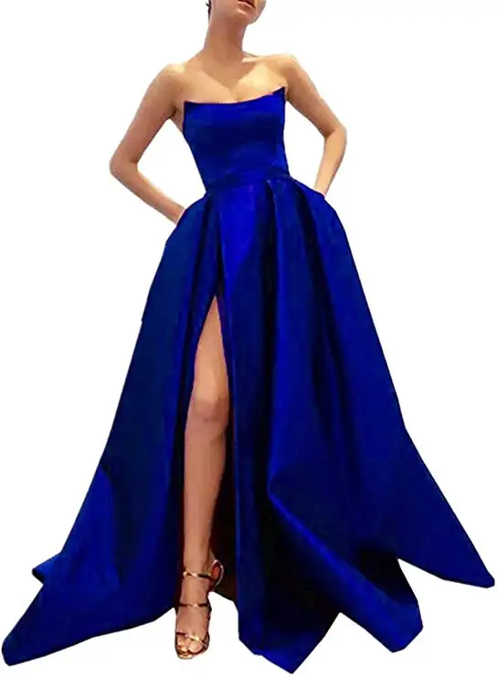 

2020 Off shoulder High Split Satin sleevless side split Prom Dresses Long Satin Formal Evening Party Bridesmaid dresses engageme