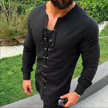 Новая модная мужская рубашка из хлопка и льна с длинным рукавом, облегающая Повседневная рубашка с v-образным вырезом, блуза, черный, белый, зеленый светильник, топы