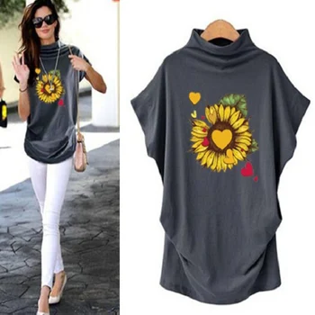 

Women Floral Print Turtleneck Blouse Casual Short Batwing Sleeve Hedging Female Blouses 2020 Summer Ladies Loose Streetwear