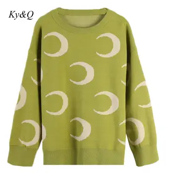 

Korean Fahsion 2019 Winter Elegant Cute Womens Suits Long-sleeved O-neck Crescent Print Loose Pullovers Sweater Christmas