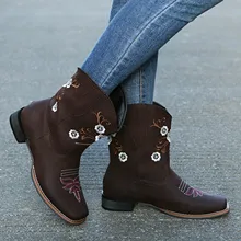 Botas de piel con punta para mujer, botines bordados de estilo étnico y Tacón cuadrado, de otoño e invierno, D922 # - AliExpress Calzado