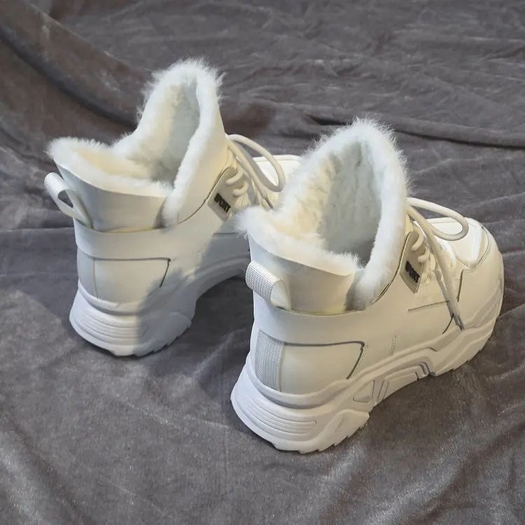 Женские зимние ботинки; зимние модные кроссовки на платформе; цвет белый, черный; спортивная плюшевая теплая кожаная женская обувь; женские ботильоны;
