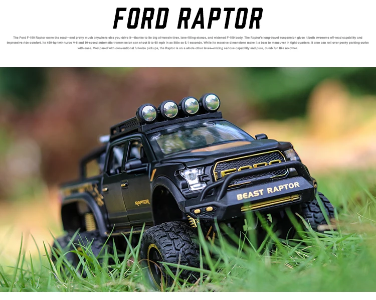 1:28 литой внедорожник FORD RAPTOR, металлическая модель автомобиля, игрушечные колеса, сплав, автомобильный светильник и вытяжной автомобиль, детские игрушки для мальчиков, рождественский подарок