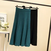 Осень Зима черная трикотажная юбка Женская корейская мода плиссированные юбки Талия Эластичный Высокая талия Женская гофрированная макси юбка