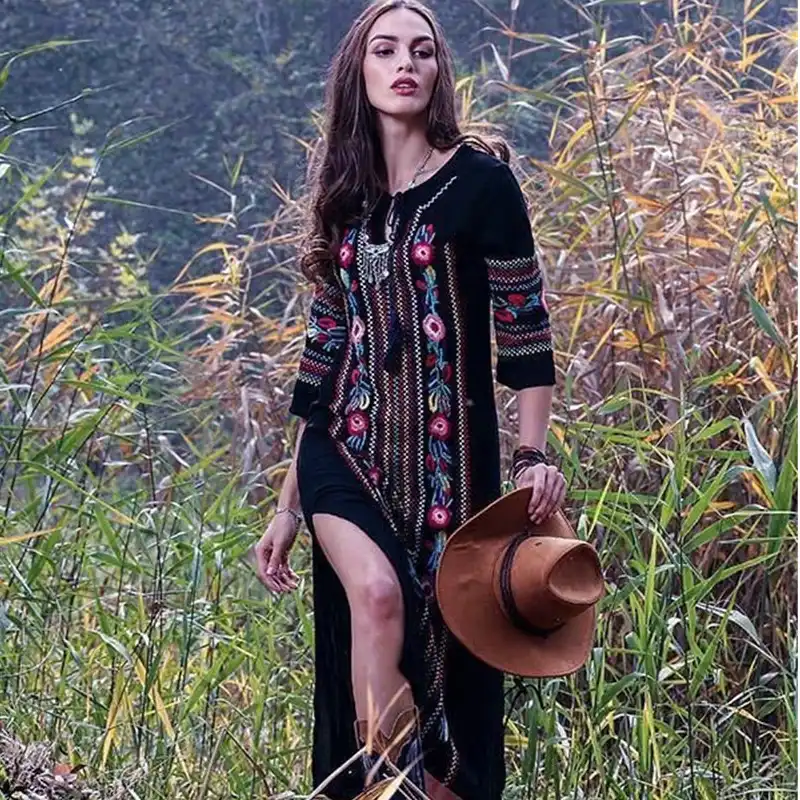 ジプシーガールミディドレス繊細な刺繍花ストレートロングドレスレトロファッション緩い形状半袖部族スリットスカート新 ドレス Aliexpress