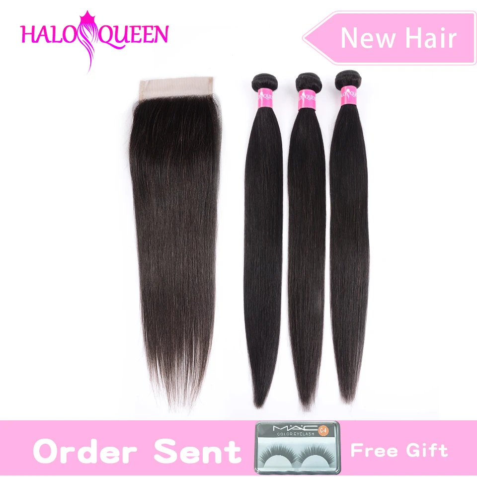 

HALOQUEEN Straight Bundles With Closure Malaysia Hair Weave Bundles With Closure Human Hair Bundles With Closure Hair Extension