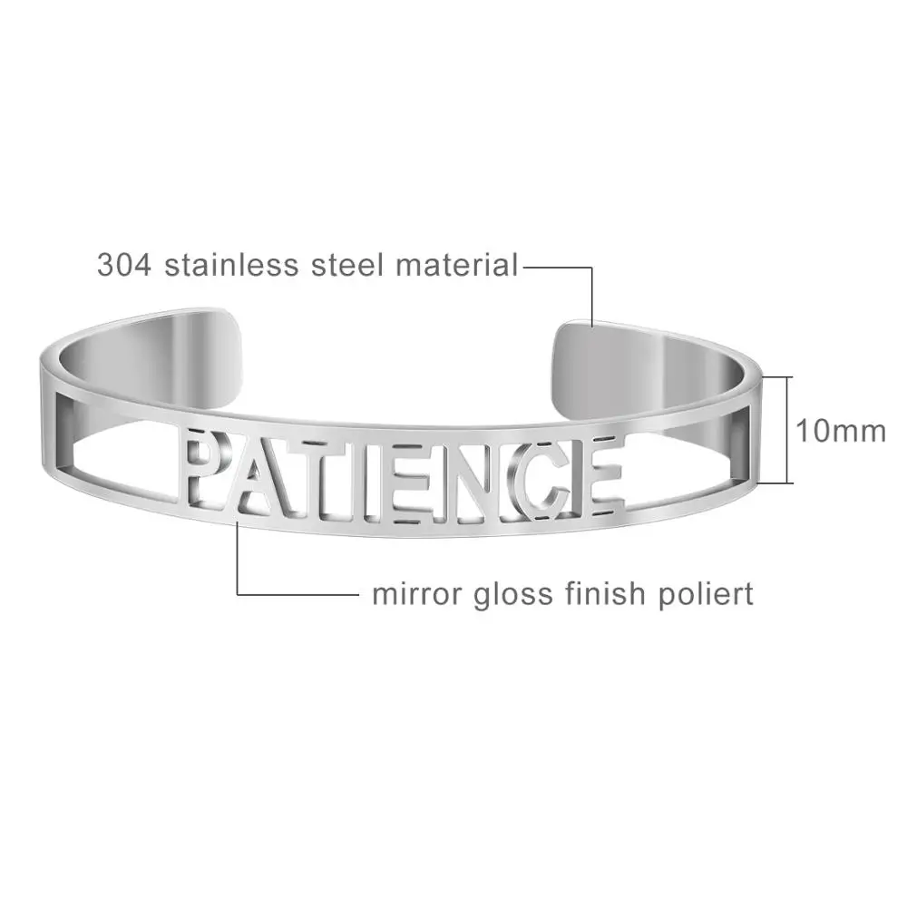Stainless Steel Mantra Cuff Bangles Engraved Positive Inspirational Words Hollow out Alphabet Letter Bangle Femme Bijoux SL-171 4