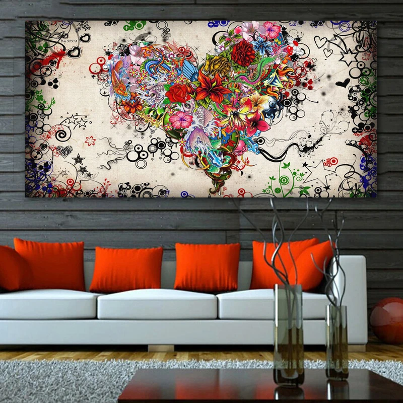 

Colorful Heart Flowers Oil Painting on Canvas Abstract Posters and Prints Scandinavian Picture for Living Room