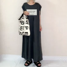Japanese Style Summer 2021 New Retro Design Temperament Letter Printing Solid Color Round Neck Loose Casual Women's Dress