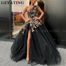 Черное Тюлевое платье на одно плечо с разрезом сбоку для выпускного вечера элегантное Золотое кружево 3D Цветы бисерные вечерние платья длинное женское торжественное платье