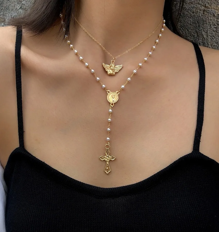 

Gold Pearl Necklace For Women 2020 multilayer Long Necklaces Vintage Cross necklace with tassel angel fashion jewelry