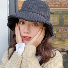 Женская зимняя Вельветовая винтажная шляпа-ведро однотонного цвета с плоским верхом, массивная ребристая Кепка с широкими полями, Панама, Рыбацкая Кепка