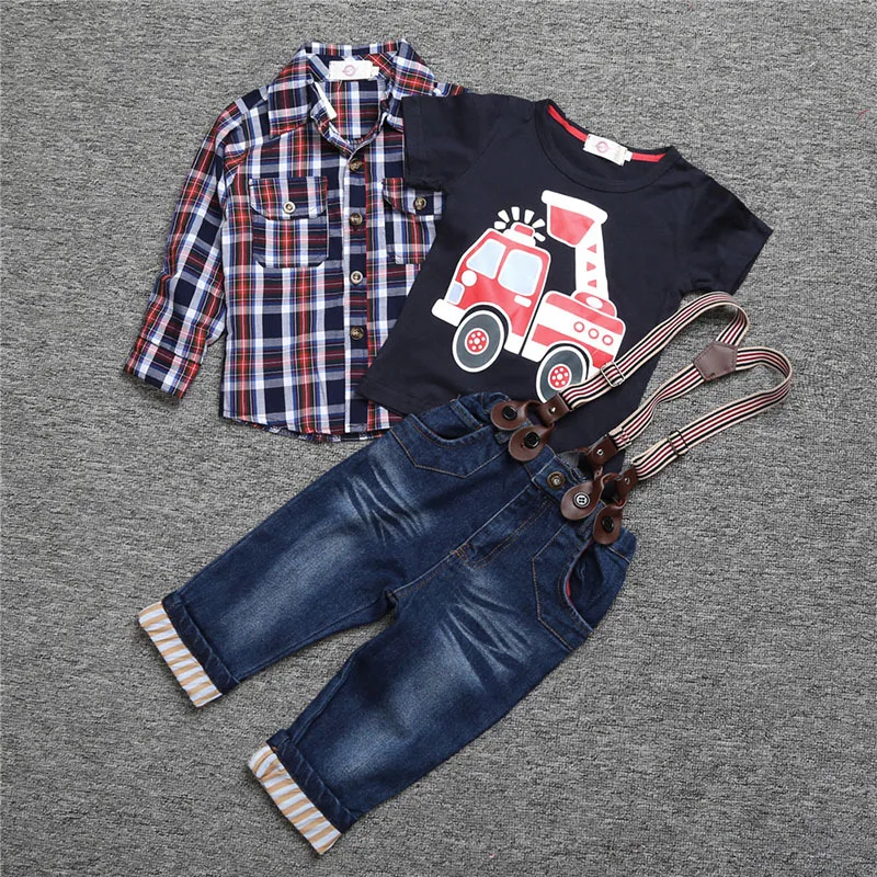 

Hooyi 3pcs Boys Clothing Set Plaid Shirt Car T-shirt Suspender Jeans Pants Suit Fire Engine Tops Tee for Kids Trousers Overall