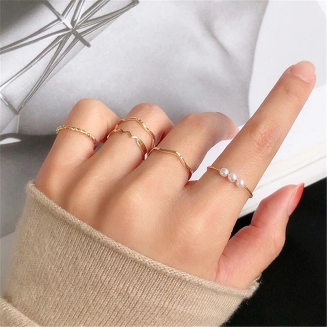 Gold Twist Pearl Pearl Rings Set Fashion Geometric Hollow Crystal Ring For Women Heart Joint Rings Boho Jewelr Accessories