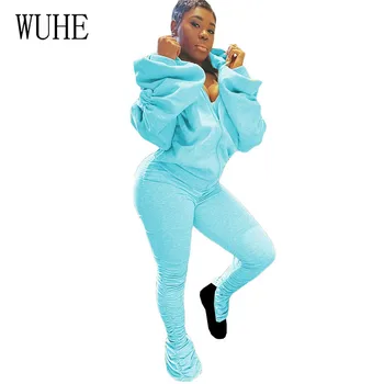 

WUHE Two Piece Outfits for Women Draped Puff Sleeve Backless Hooded Top Slit Stacked Sweatpants Leggings Pants Matching Set