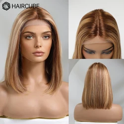 HAIRCUBE Human Hair Wigs Short Straight Bob Wig for Women Brown Blonde Highlight Wig Women's Medium Length T Part Lace Front Wig