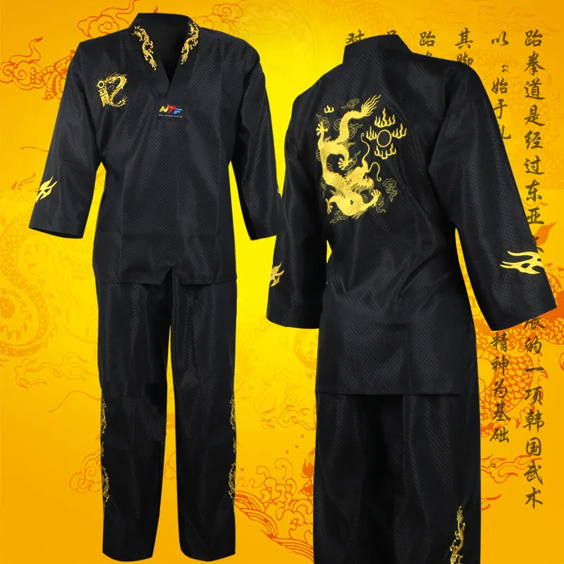 

Wholesale black Tae kwon do uniforms suits TKD taekwondo clothing set wtf unisex adult child embroidery taekwondo Karate clothes