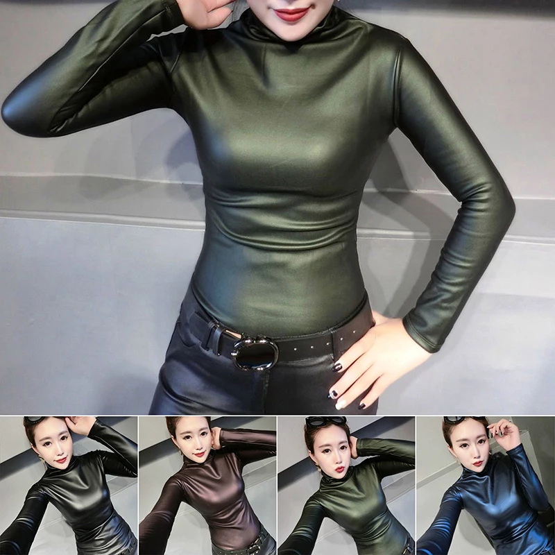 Женские топы с высоким воротом и длинными рукавами S~ 2XL, полиуретановая кожа, сексуальная флисовая Повседневная Удобная горячая распродажа
