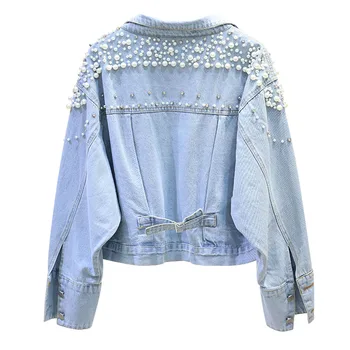 

2020 Spring Autumn Basic Coats Women Denim Jacket Pearls Beading Fashion Jeans Coat Loose Long Sleeve Jackets 2128