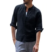 Мужская винтажная Повседневная однотонная хлопковая льняная рубашка с длинным рукавом, топ, блузка с круглым воротником, мешковатая Классическая однотонная Свободная рубашка Harajuku