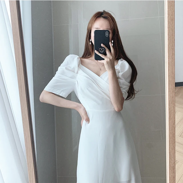 Geumxl V-neck Slim Waist Women Dress Elegant Puff- Sleeve White Female