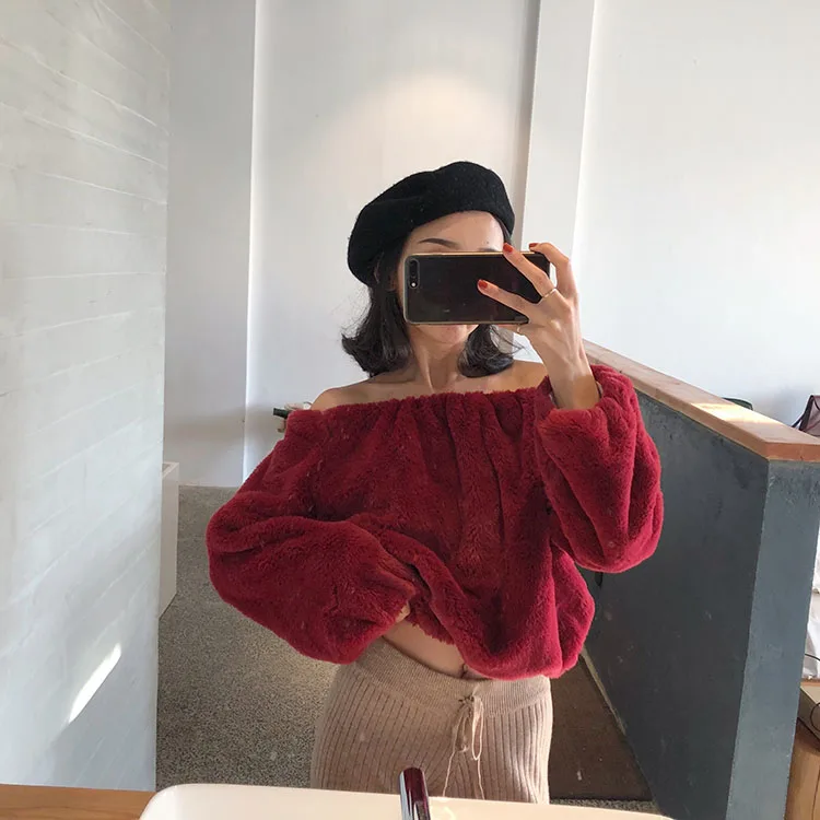 WHITNEY WANG осень зима модная Уличная Сексуальная Мягкая флисовая толстовка с вырезом лодочкой женские толстовки пуловер
