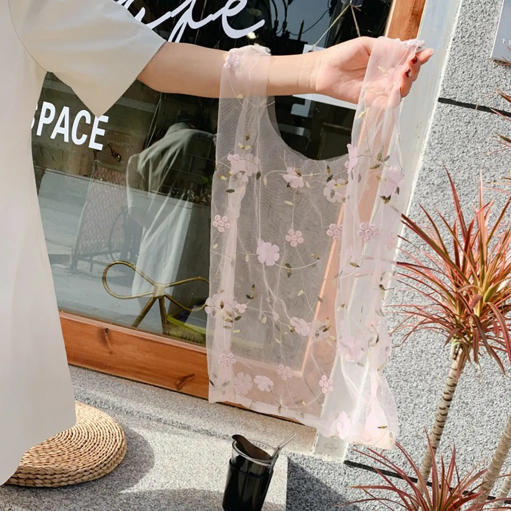 2020 Casual Tote Flower Embroidery Handbags for Women Transparent Mesh Shopper Bag Lady Hand Bags Bolsos Mujer Sac A Main Femme