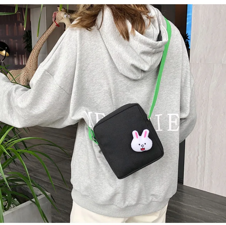 Solid Color Simple Canvas Square Sling Bag Cartoon Cute Rabbit Shoulder Bag Versatile MORI Series Shoulder Bag Phone Coin Purse