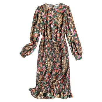 

Floral Dress Women's Spring 2020 New Fashion Round neck Long sleeve Elastic waist Slim Dress Female S-XL