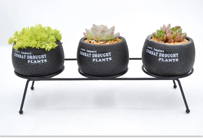 Set of 3 Cement Succulent Planter Pots Round Flower Pot Black Flower Planter with Iron Metal Shelf(3 Pots+ 1 Stand