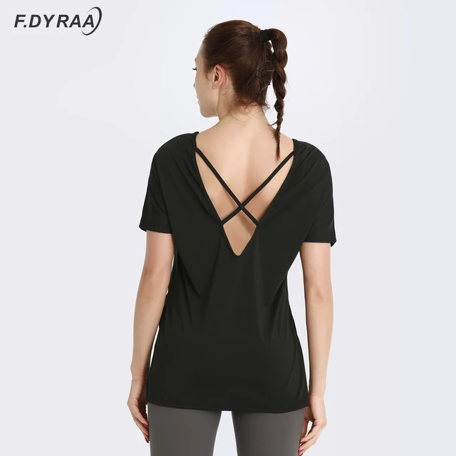 F DYRAA Women Hollow Back Yoga Shirts Short Sleeve Top Sports T Shirts Quick Dry Breathable