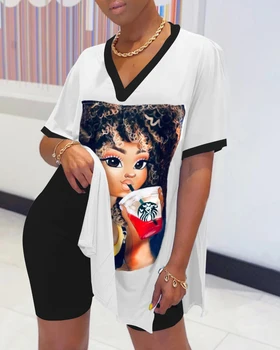

2020 Fashion Women Sexy Casual Two-piece Set Suit Sets Cartoon Slit Top & High Waist Shorts Set